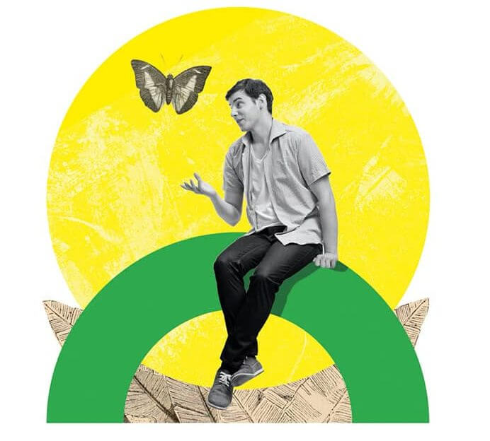 Collage représentant une personne assise avec un papillon